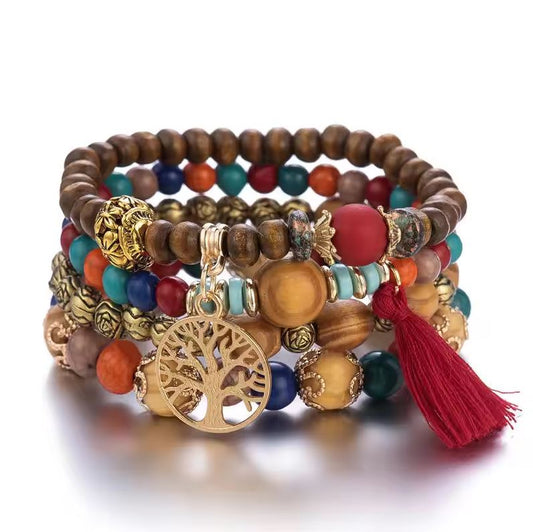 Boho Wooden Beaded Bracelet Set – 4Pcs Tree of Life Charm & Tassels