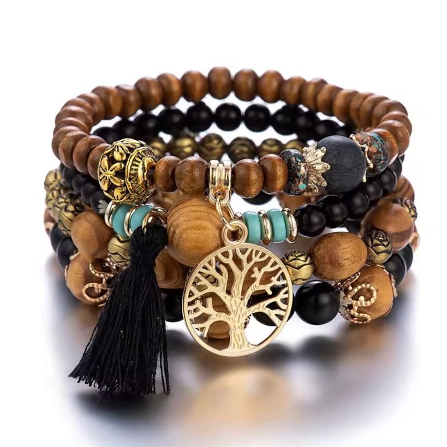 Boho Wooden Beaded Bracelet Set – 4Pcs Tree of Life Charm & Tassels