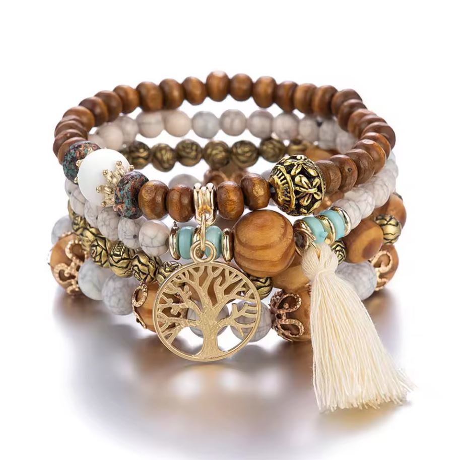 Boho Wooden Beaded Bracelet Set – 4Pcs Tree of Life Charm & Tassels