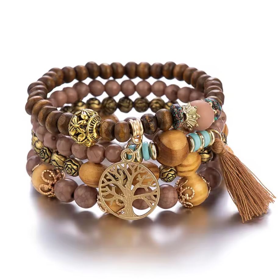 Boho Wooden Beaded Bracelet Set – 4Pcs Tree of Life Charm & Tassels