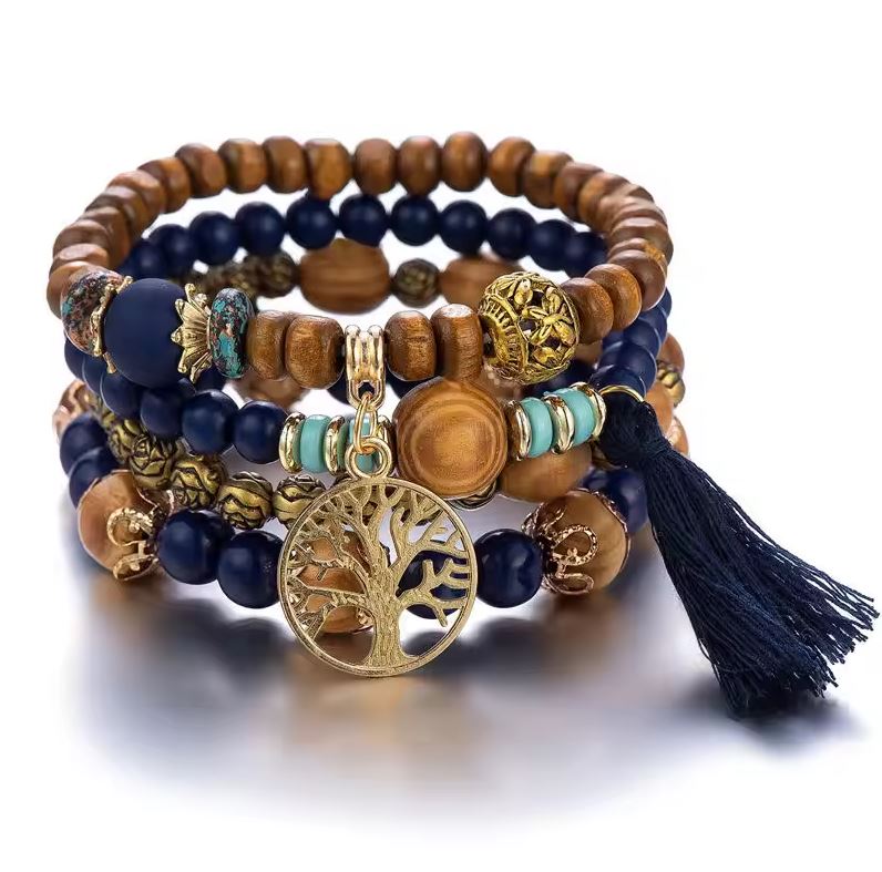 Boho Wooden Beaded Bracelet Set – 4Pcs Tree of Life Charm & Tassels