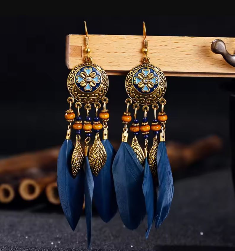 Bohemian Vintage Feather Tassel Earrings