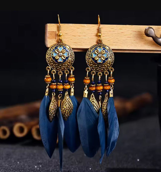 Bohemian Vintage Feather Tassel Earrings