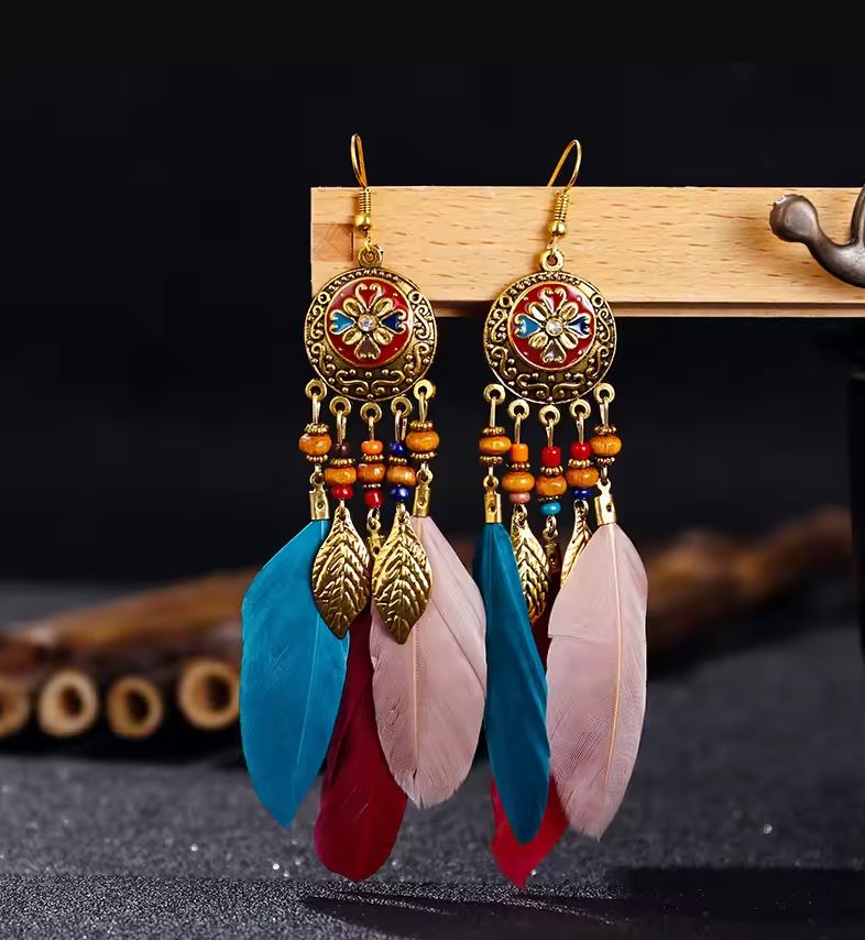 Bohemian Vintage Feather Tassel Earrings