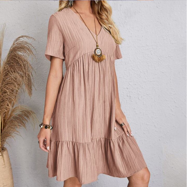 Emily Summer Bohemian V-Neck Ruffle Mini Dress for Women