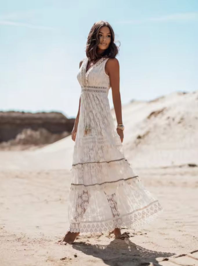 Hannah Bohemian White Lace Maxi Dress